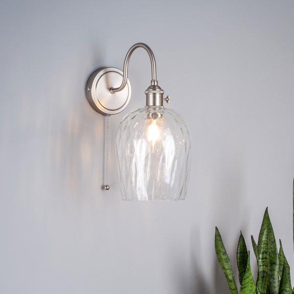 Brushed nickel wall light with a clear, textured glass shade and a pull chain switch. A green plant is visible on the right.