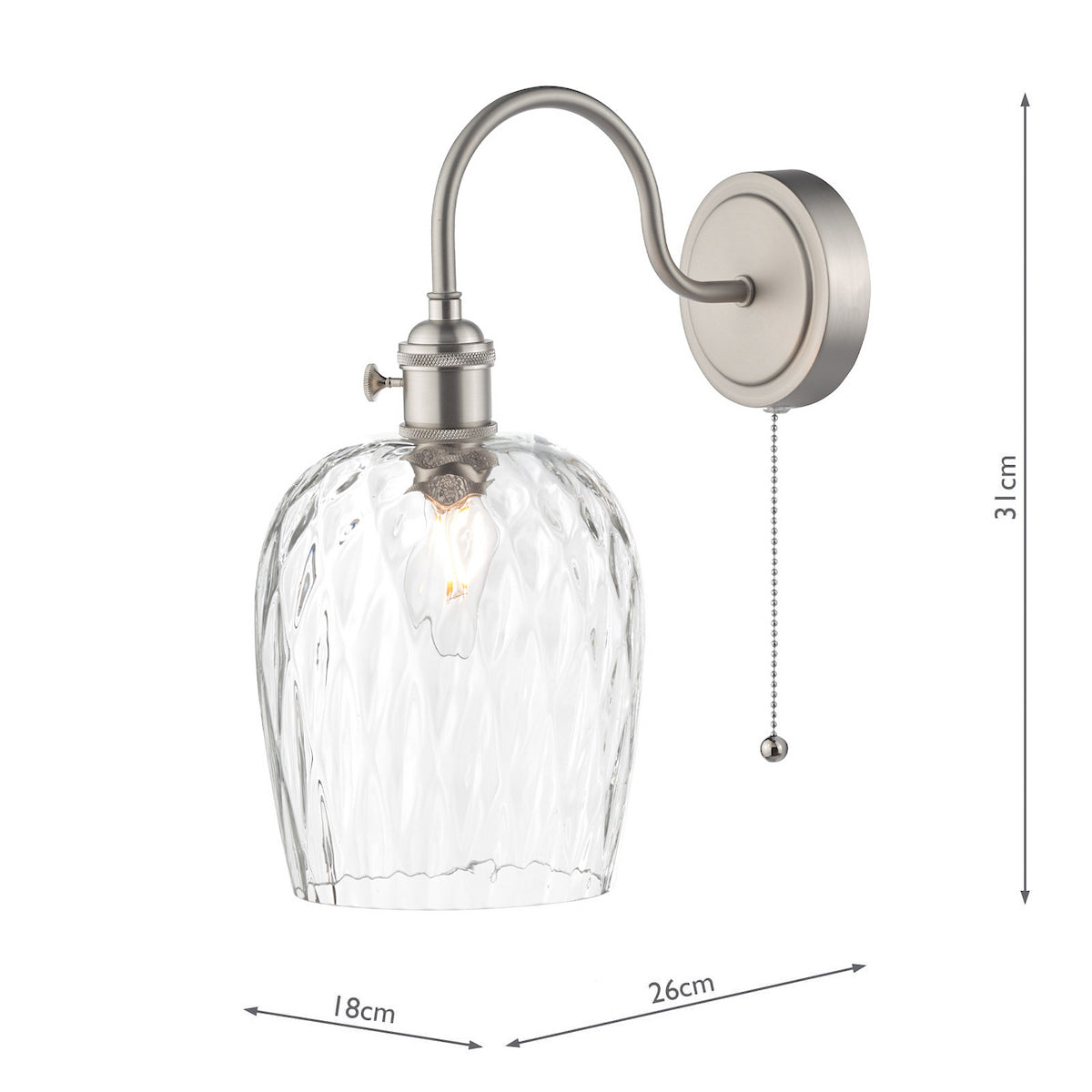 Brushed chrome wall light with a clear textured glass shade and pull cord switch. Dimensions included.