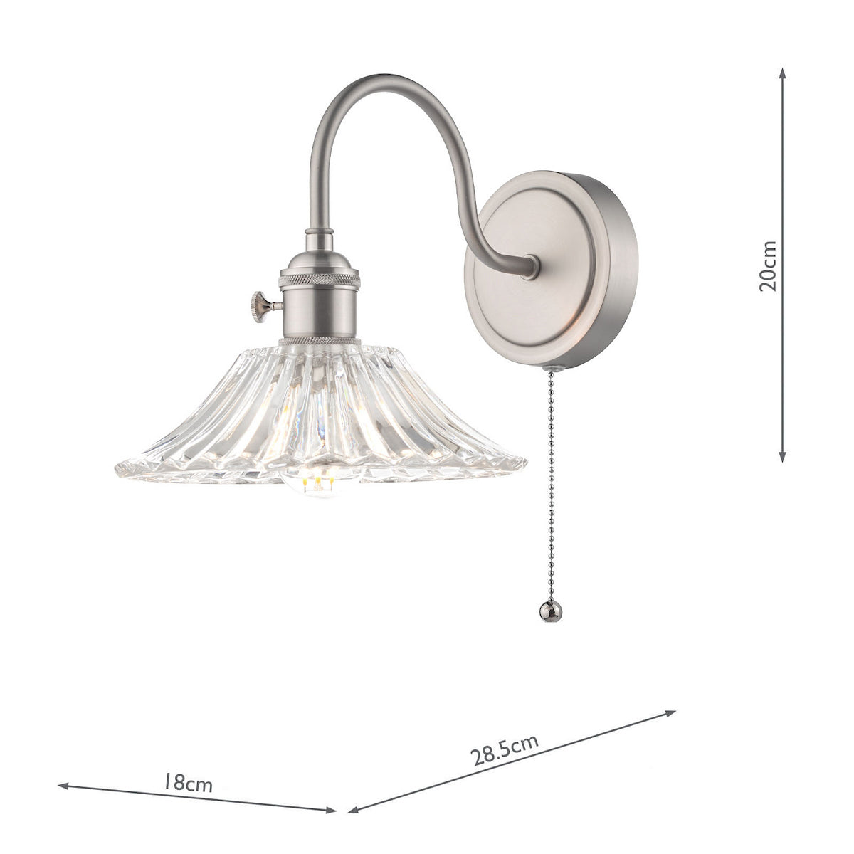 Brushed chrome wall light with a fluted glass shade and pull cord switch, with dimensions.