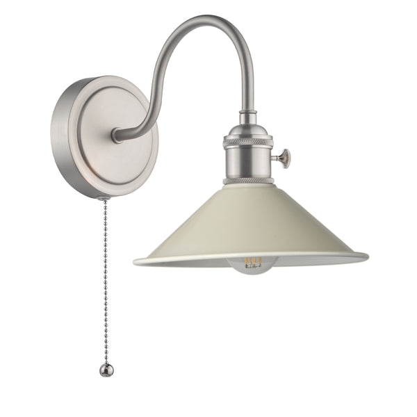 Brushed nickel wall sconce with a cream-colored conical shade and a pull chain switch. 