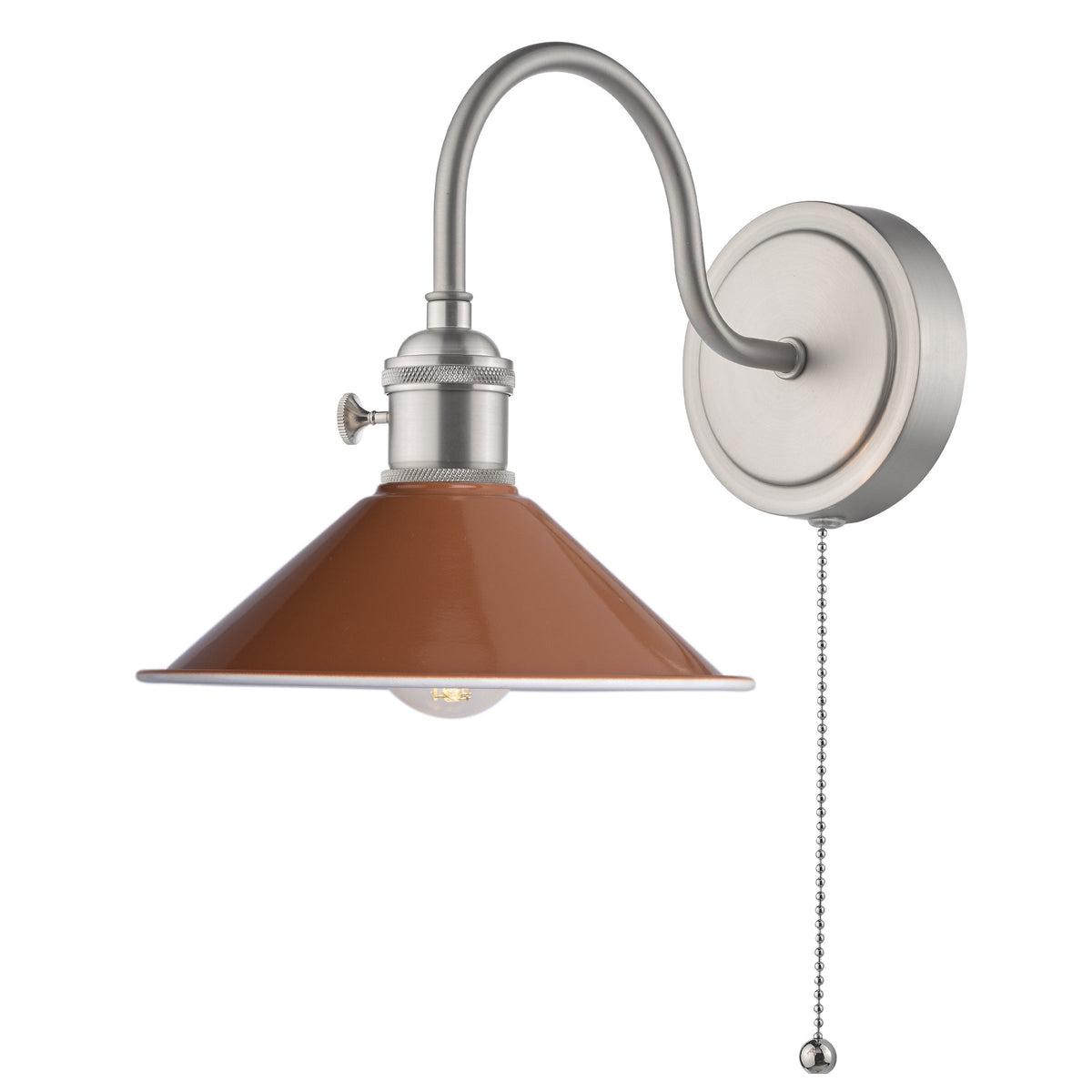 Brushed nickel wall sconce with a curved arm and a rust-colored, cone-shaped shade. It has a pull chain.