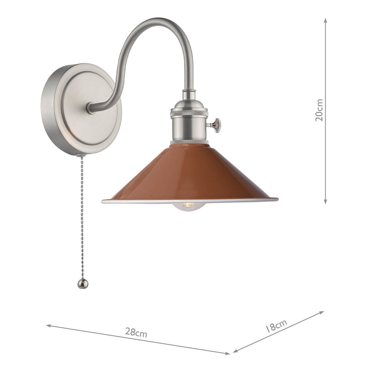 Brushed chrome wall light with a curved arm, a pull chain, and a rust-colored conical shade. Dimensions included.
