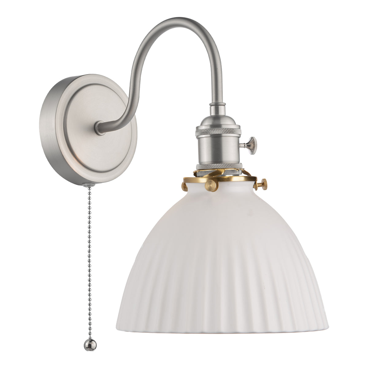 Brushed nickel wall sconce with a curved arm, a ribbed white glass shade, and a pull chain switch.