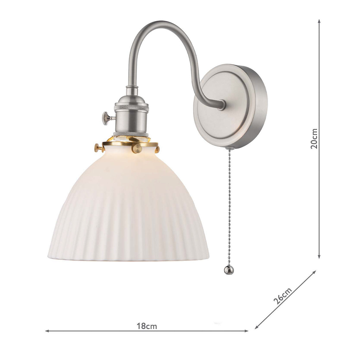 Brushed nickel wall light with a curved arm, ribbed white glass shade, and a pull chain switch. Dimensions included.