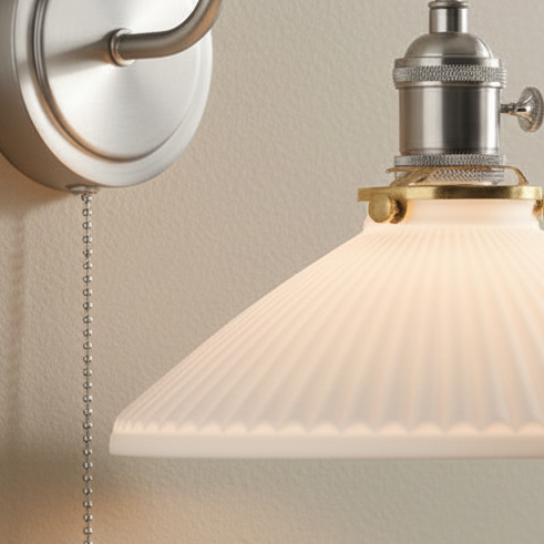 Hadano Switched Wall Light In Antique Chrome with Ceramic Shallow Shade