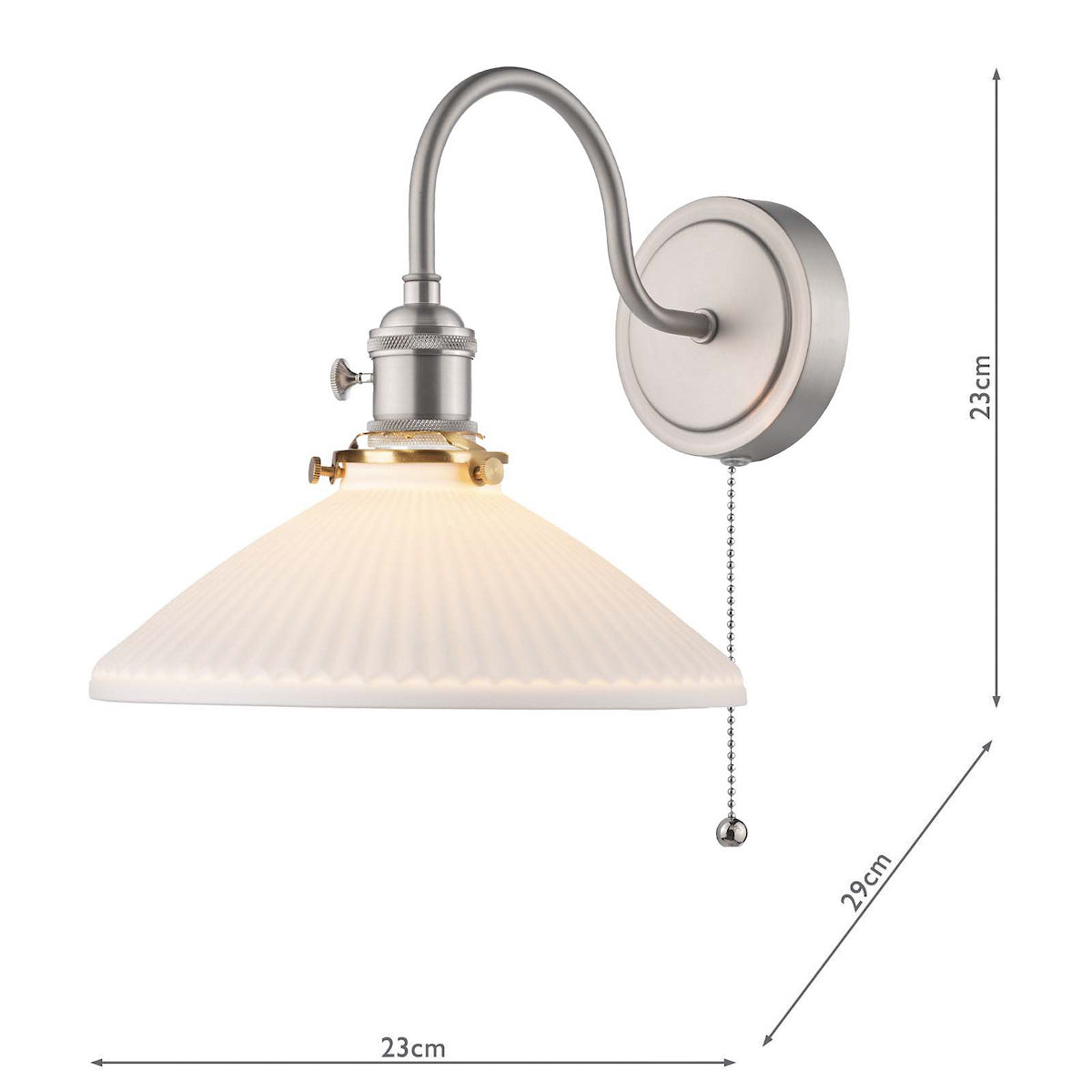 Brushed nickel wall light with a curved arm, a white fluted glass shade, and a pull chain switch. Dimensions included.