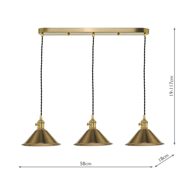 Three brass pendant lights with conical shades hang from a rectangular bar, with dimensions shown.