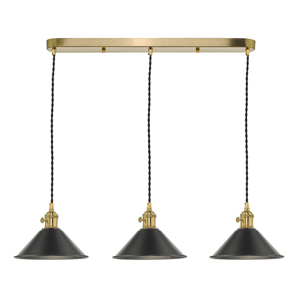 Three black cone-shaped pendant lights with brass accents hang from a rectangular brass bar.