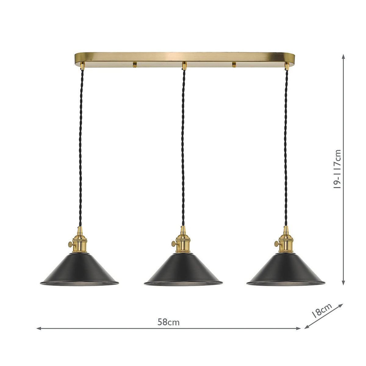 Three black cone-shaped pendant lights with brass fittings hang from a gold rectangular bar. Dimensions included.