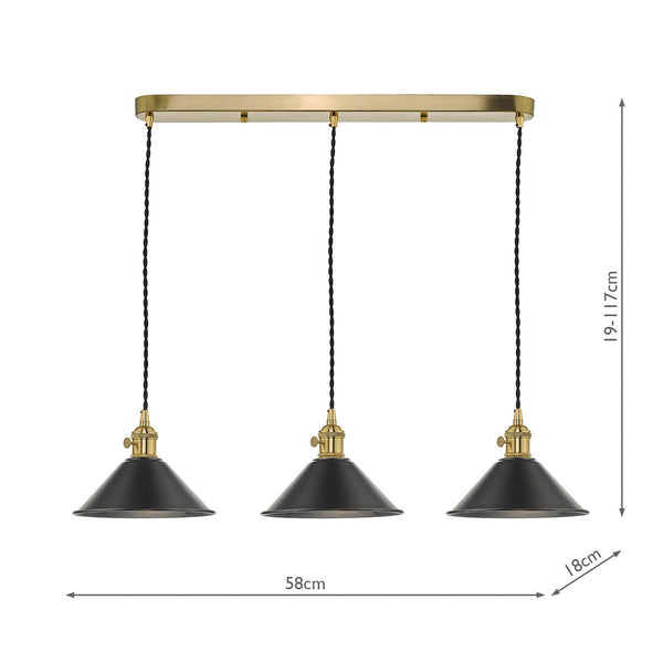 Three black cone-shaped pendant lights with brass fittings hang from a gold rectangular bar. Dimensions included.