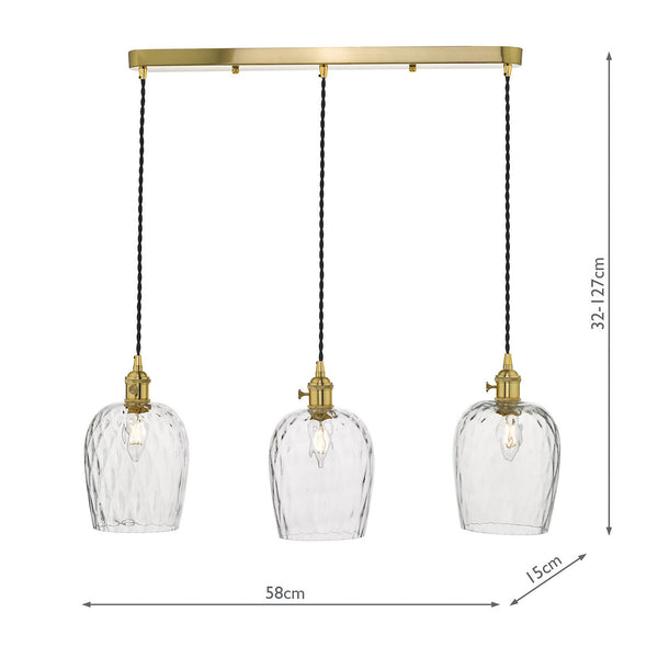 Three clear glass pendant lights with brass fittings on a gold bar, with dimensions.