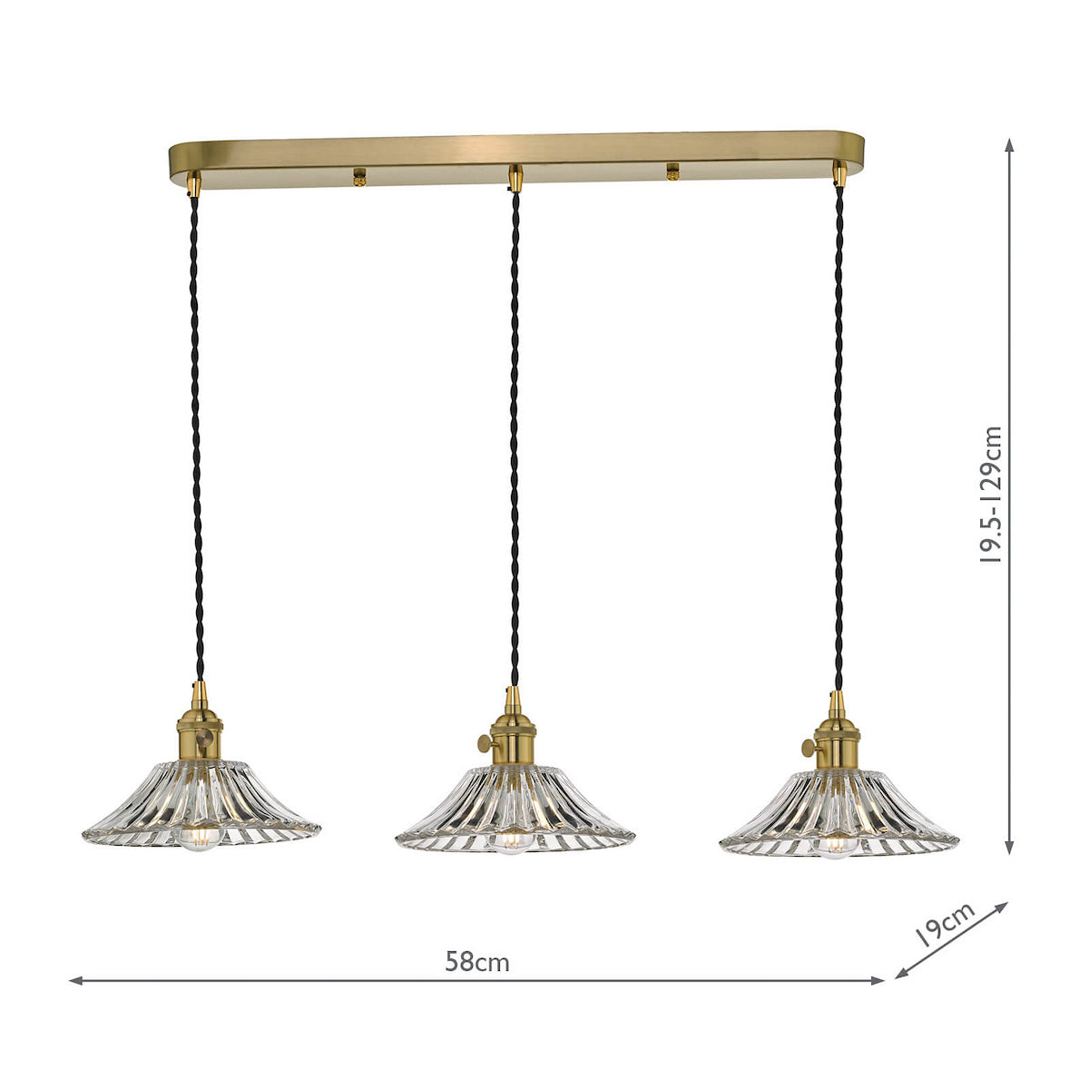 Three clear fluted glass pendant lights with brass fittings hang from a rectangular brass bar. Dimensions included.