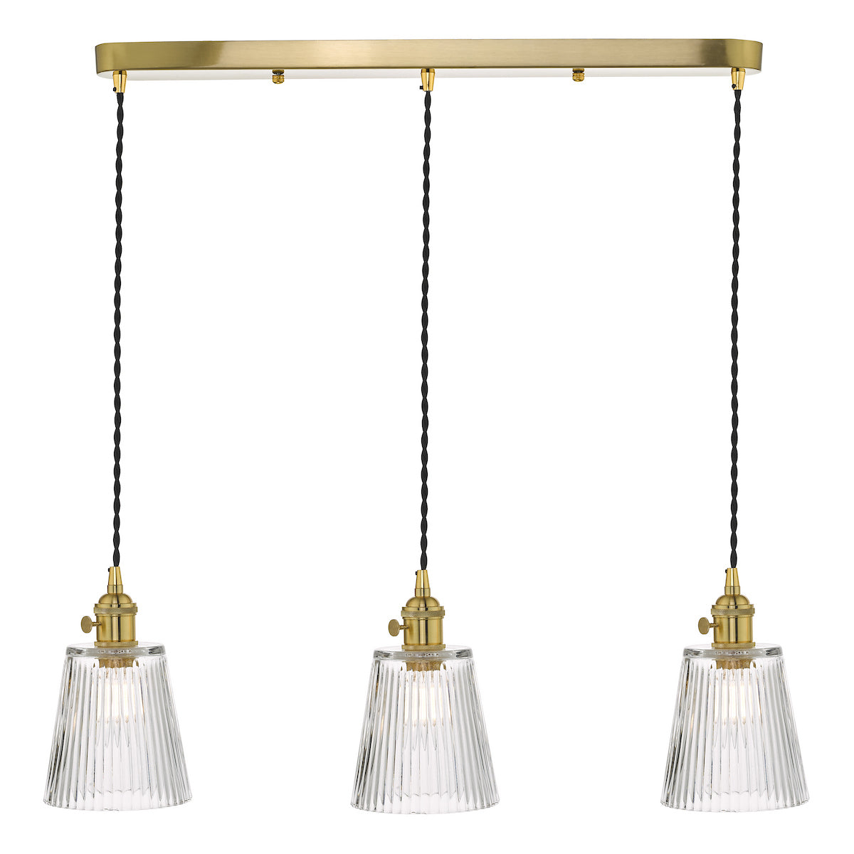 Three clear fluted glass pendant lights with brass fittings and black braided cords on a brass bar.