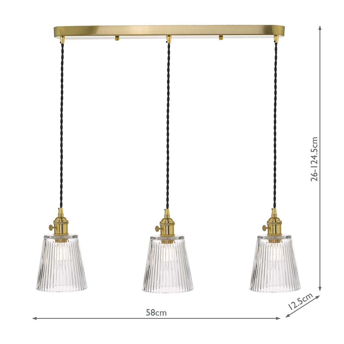 Three pendant lights with ribbed glass shades and brass fittings, hanging from a rectangular brass bar. 