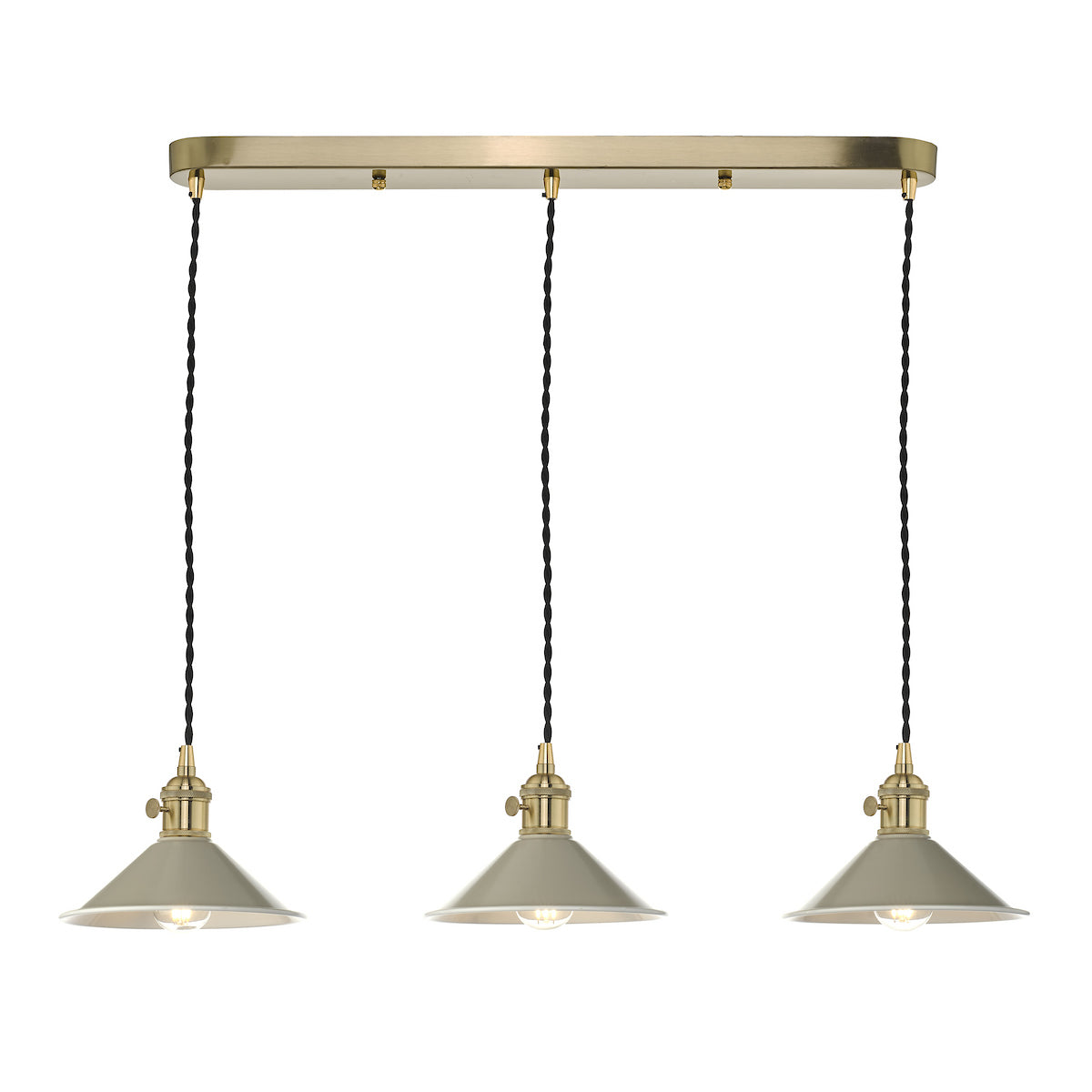 Three pendant lights with beige shades and brass fittings hang from a rectangular brass bar.