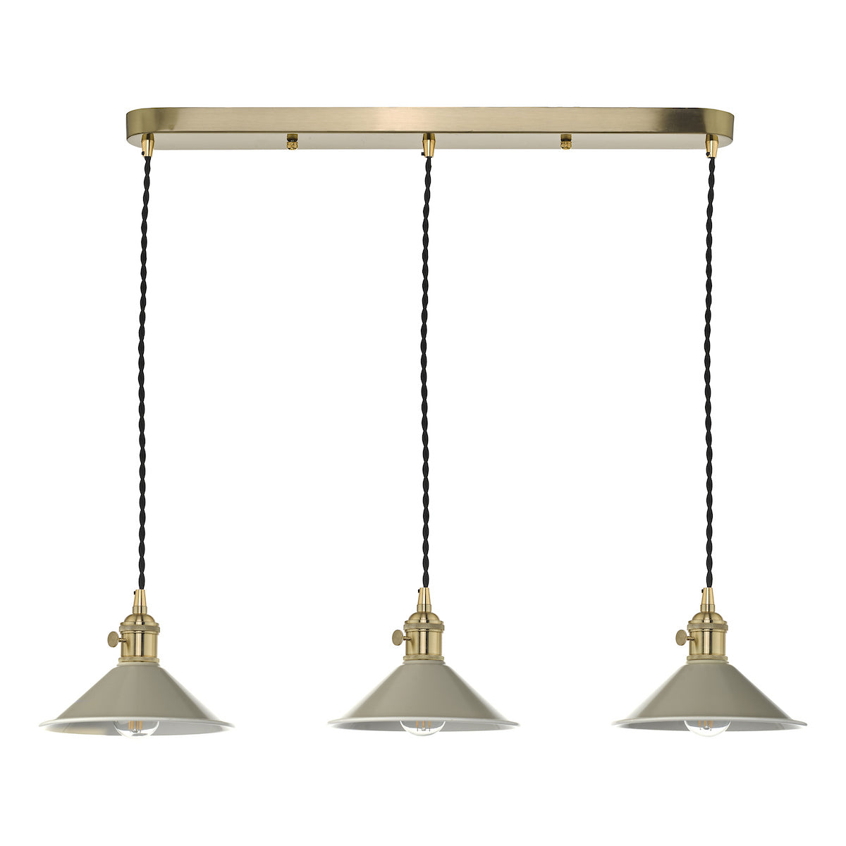 Three pendant lights with brass fittings and grey shades on a white background.