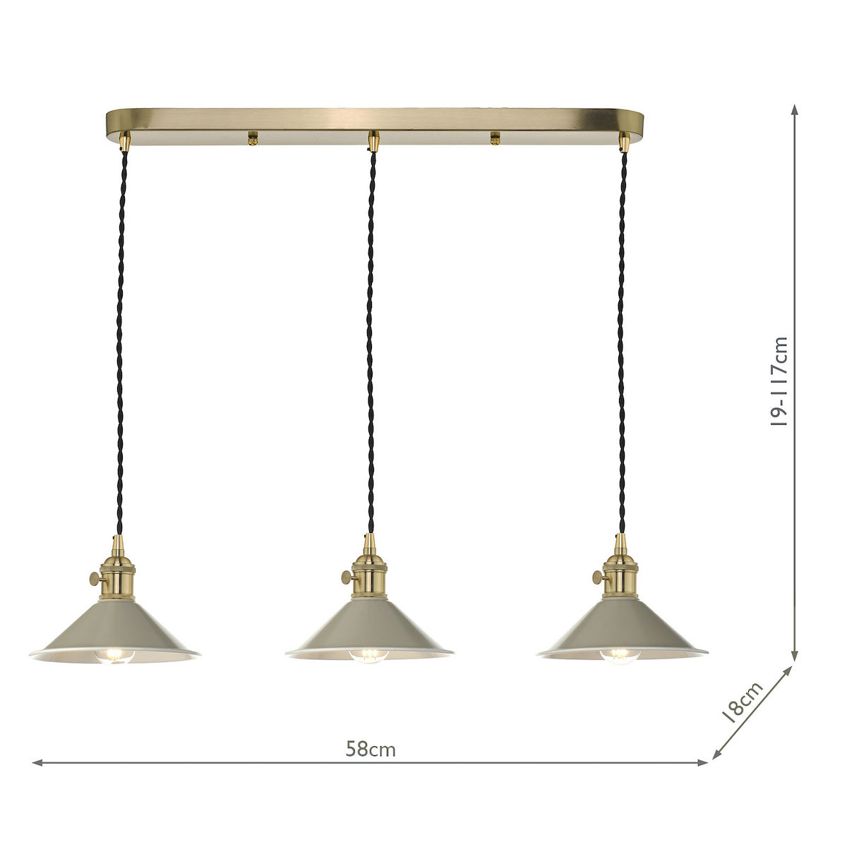 Three pendant lights with grey shades and brass fittings, hanging from a rectangular brass bar. Dimensions included.