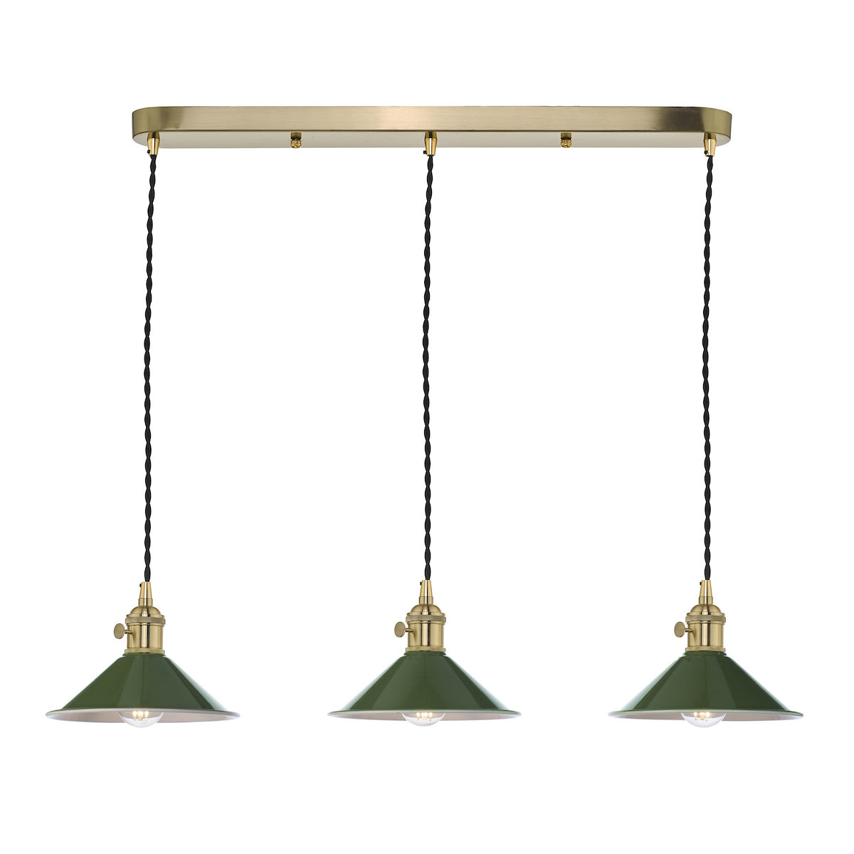 Three green pendant lights with brass fittings hang from a gold bar.