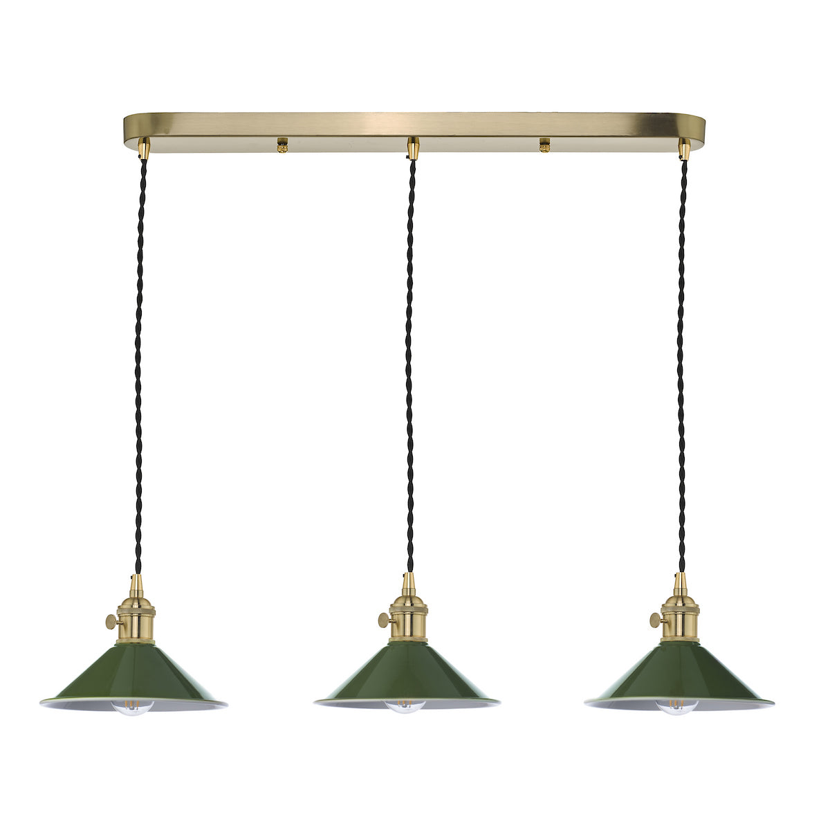 Three green pendant lights with brass fittings and black braided cords hang from a gold bar.