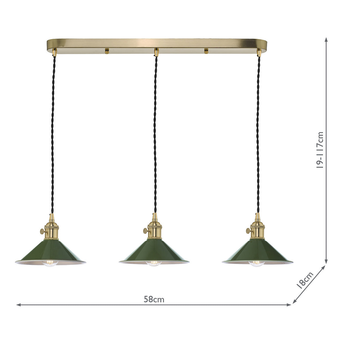 Three green pendant lights with brass fittings and black braided cords, attached to a rectangular brass ceiling bar. Dimensions are 58cm wide, 18cm deep, and adjustable height from 19-117cm. 
