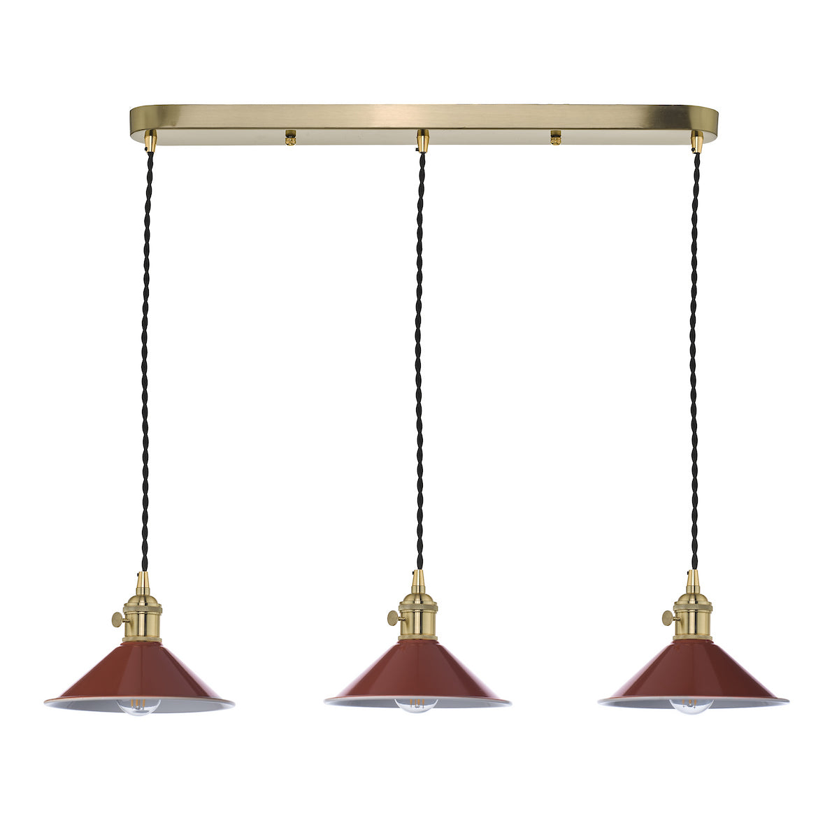 Three pendant lights with terracotta shades and brass fittings, hanging from a rectangular brass bar.