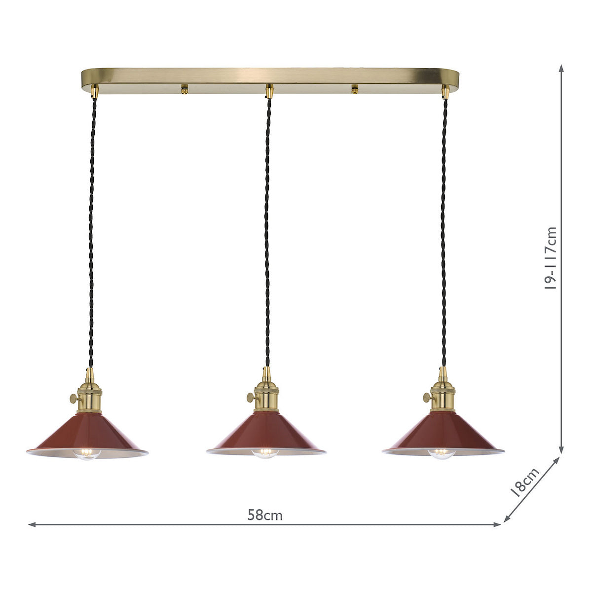 Three red pendant lights with brass fittings hang from a gold bar, with dimensions shown.