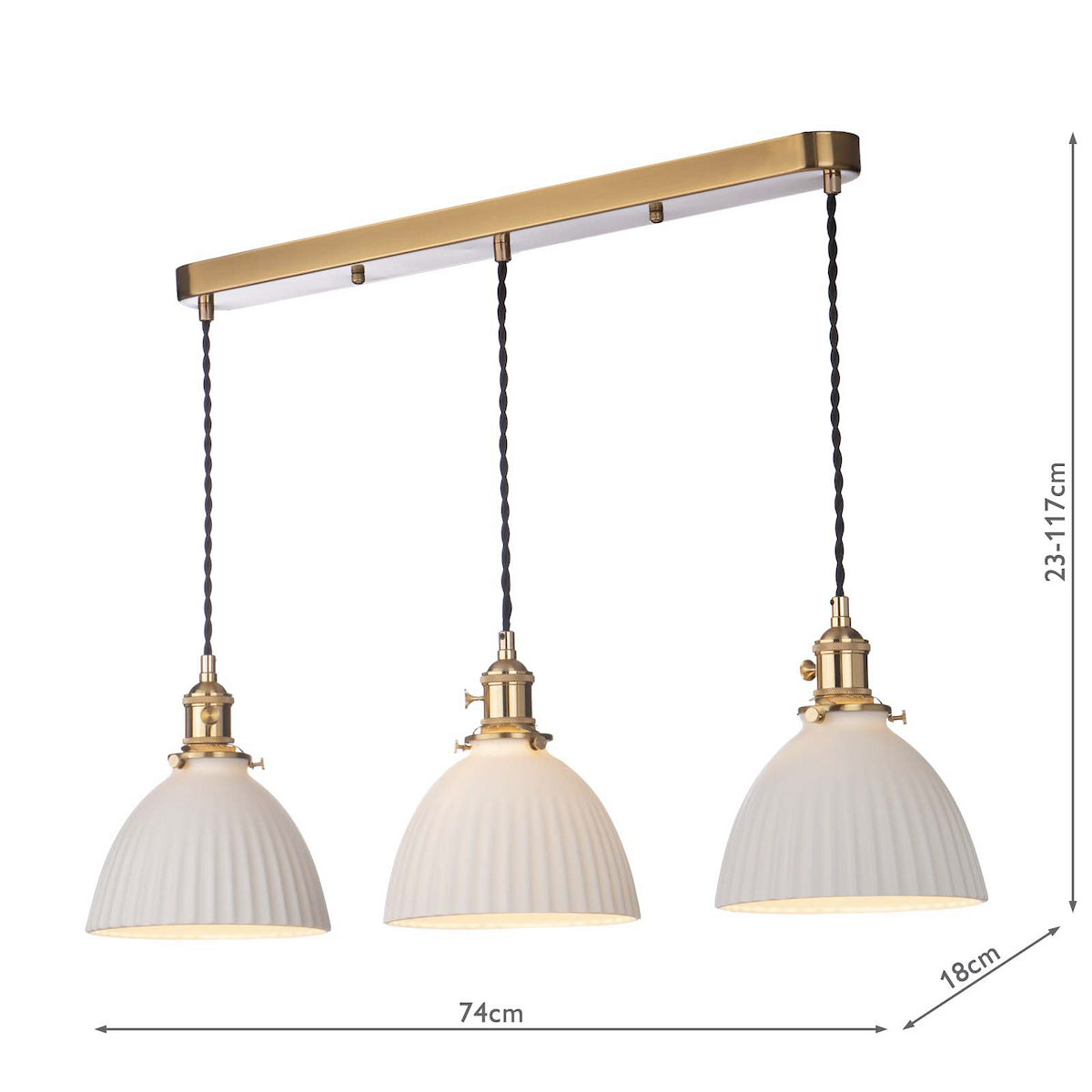 Three white fluted dome pendant lights with brass fittings on a gold bar, with dimensions.