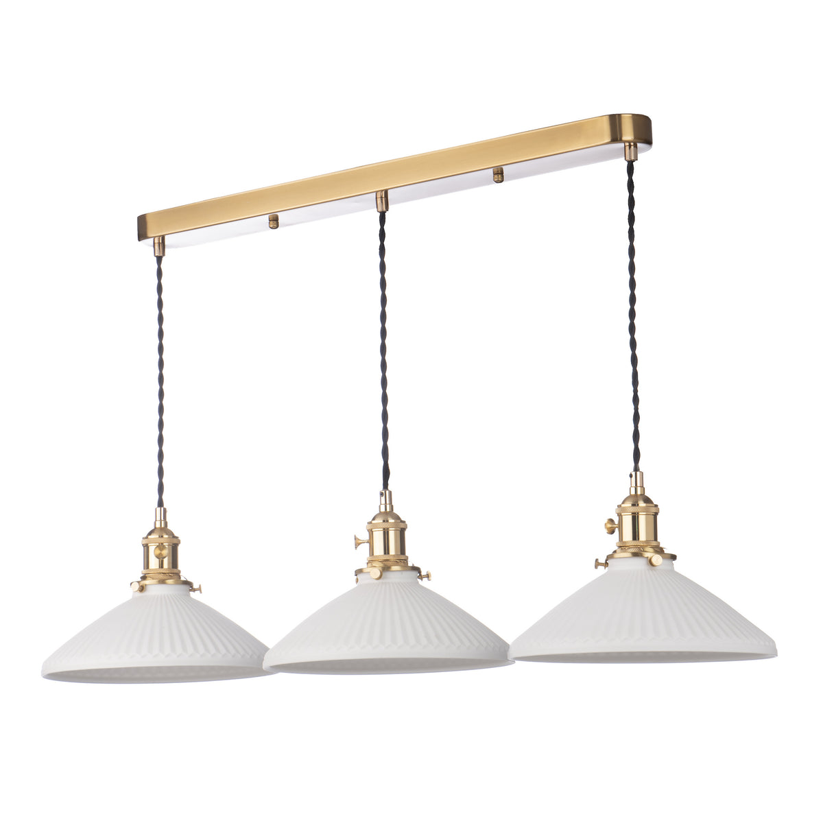 Three white fluted glass pendant lights hang from a brass bar on a white background.