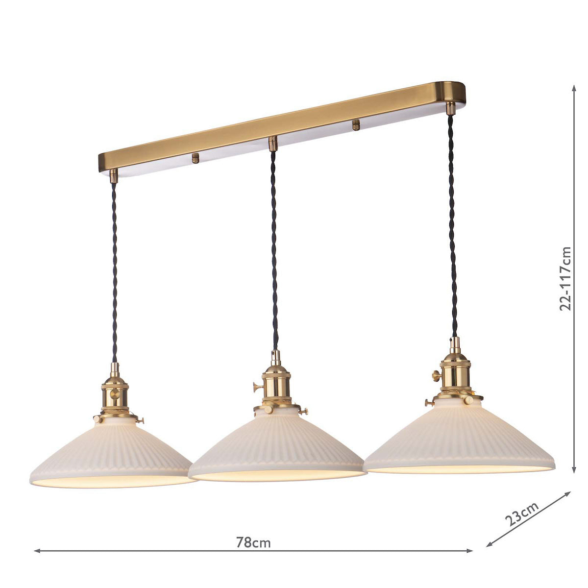 Three white ceramic pendant lights with brass fittings hang from a gold bar, with dimensions shown.