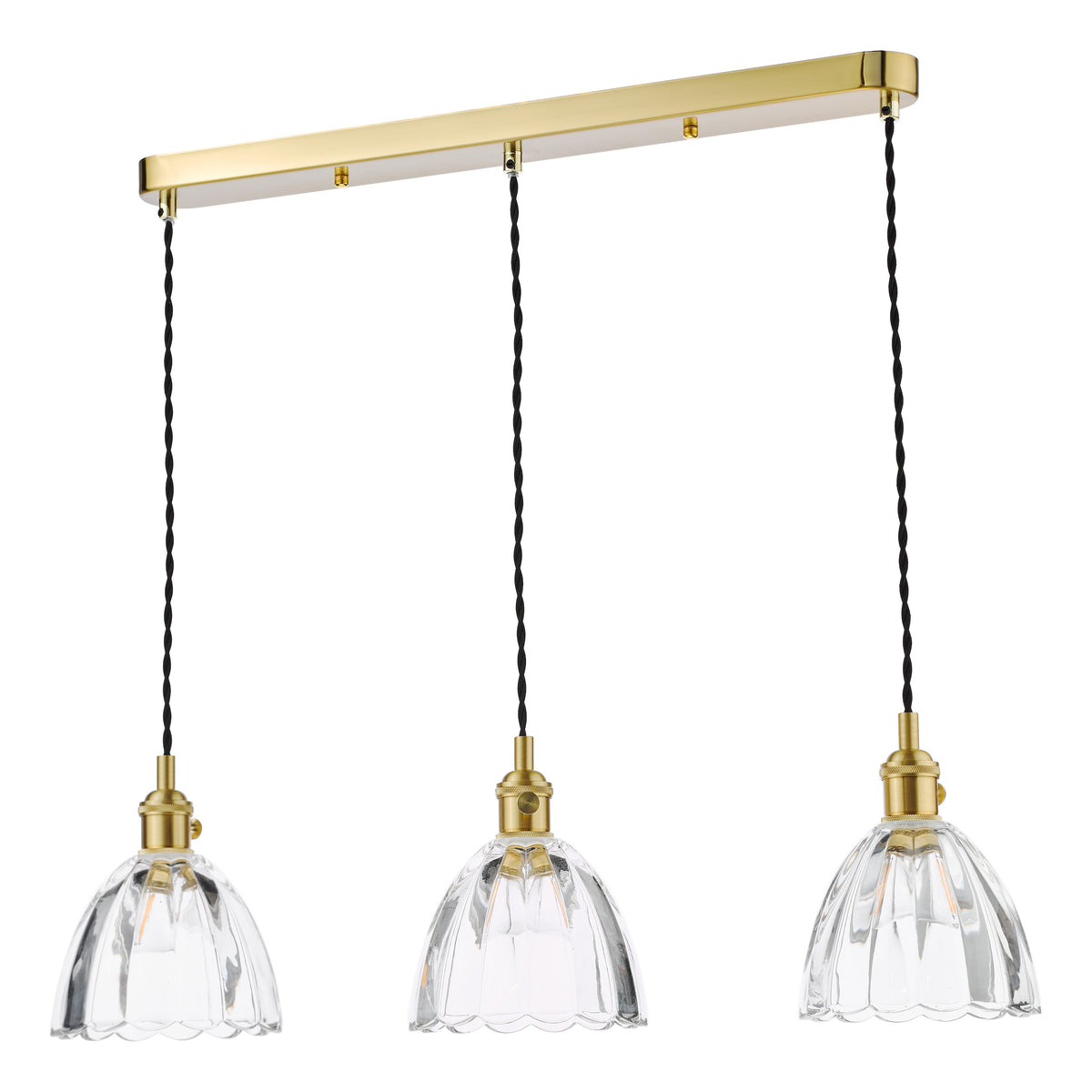 Three clear fluted glass pendant lights with brass fittings hang from a brass bar.