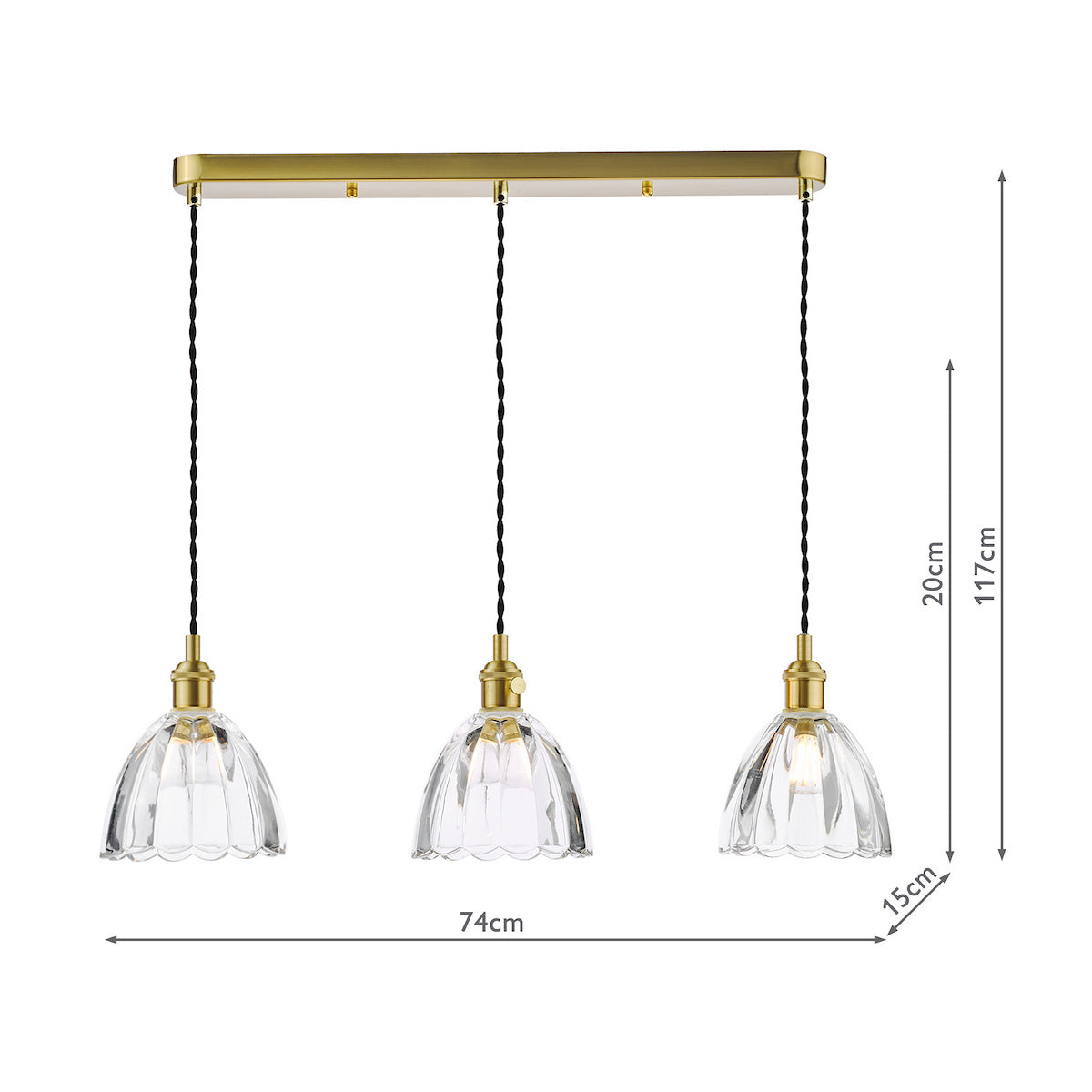 Three pendant lights with clear fluted glass shades and brass fittings, showing dimensions.
