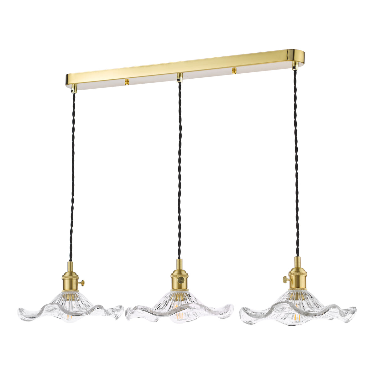Three clear glass pendant lights with ruffled edges hang from a gold bar, each with a visible bulb.