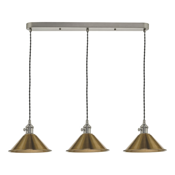 Three antique brass cone pendant lights with twisted black cords hang from a rectangular brushed nickel bar.