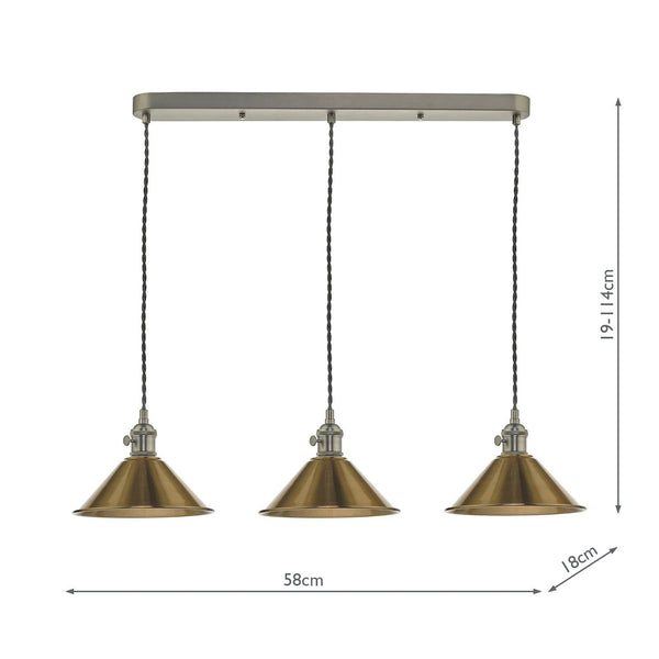 Three antique brass pendant lights with conical shades hanging from a rectangular bar, with dimensions.