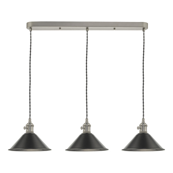 Three black metal cone pendant lights hanging from a brushed nickel bar on a white background.
