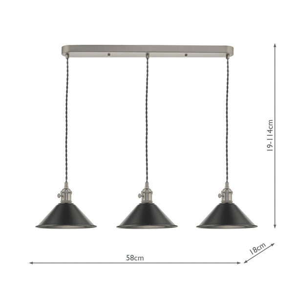 Three black pendant lights with brushed nickel accents hang from a rectangular bar. Dimensions are shown.