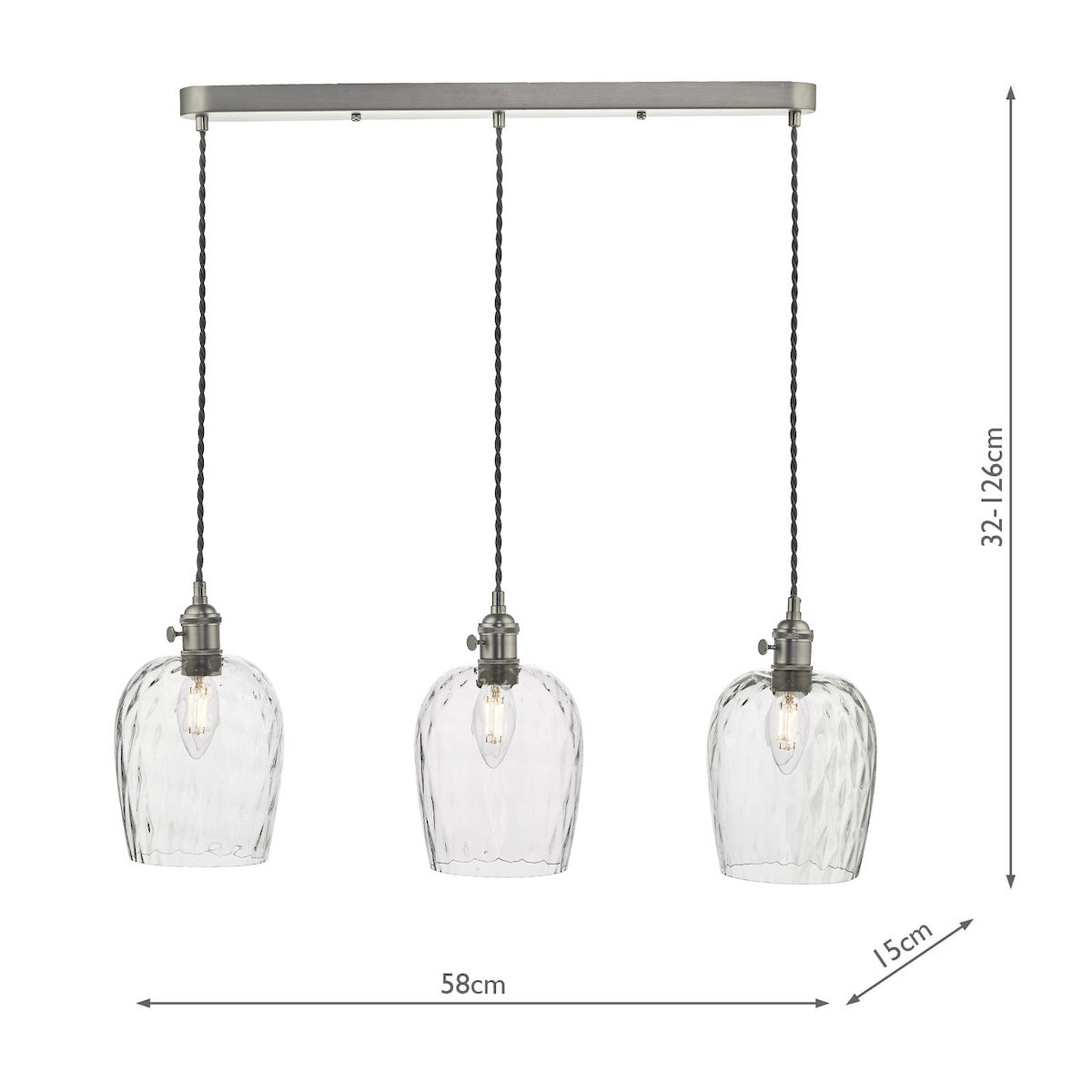 Three clear glass pendant lights with textured shades and metal fittings, suspended from a rectangular bar. Dimensions included.