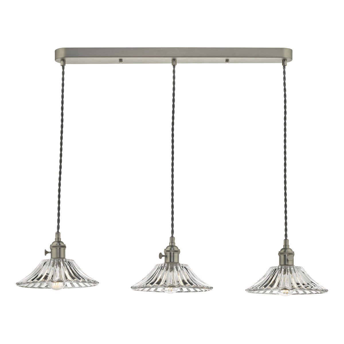 Three pendant lights with fluted glass shades and a brushed nickel bar, hanging from twisted black cords.