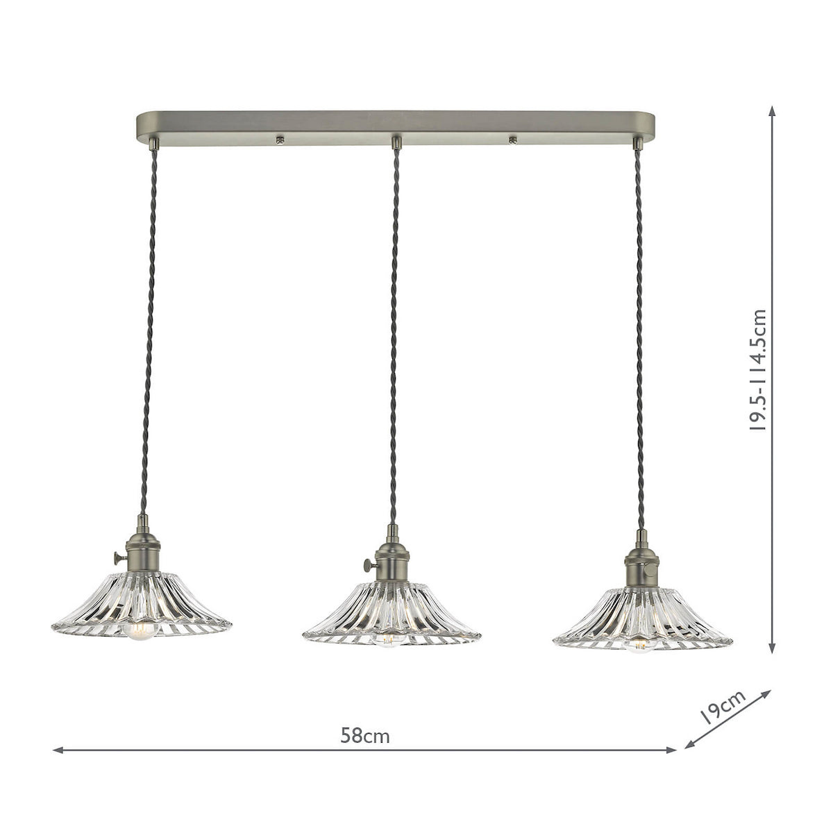 Three clear glass fluted pendant lights on a rectangular bar, with dimensions.