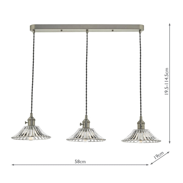 Three clear glass fluted pendant lights on a rectangular bar, with dimensions.