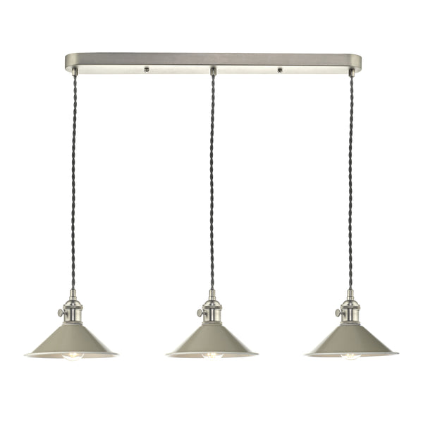Three light pendants with grey shades and twisted cords on a brushed metal bar. 