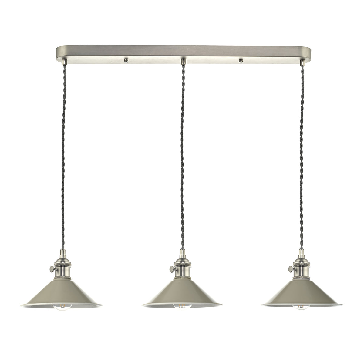 Three pendant lights with conical grey shades and braided cords, attached to a brushed metal bar.