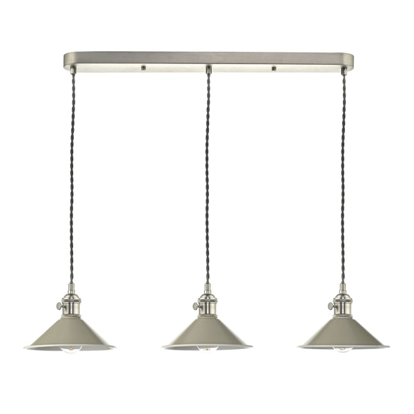 Three pendant lights with conical grey shades and braided cords, attached to a brushed metal bar.