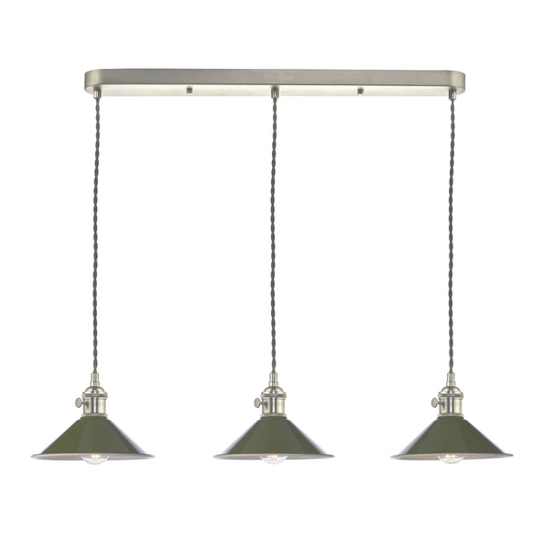 Three green pendant lights with braided cords and brushed nickel hardware hang from a rectangular ceiling plate.