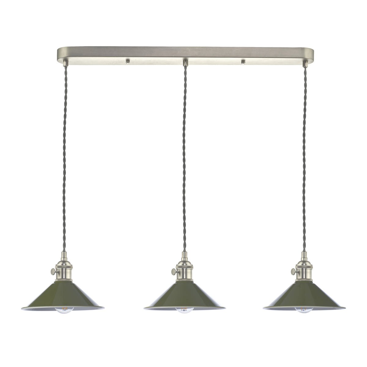 Three green pendant lights with twisted grey cords hang from a brushed metal bar.