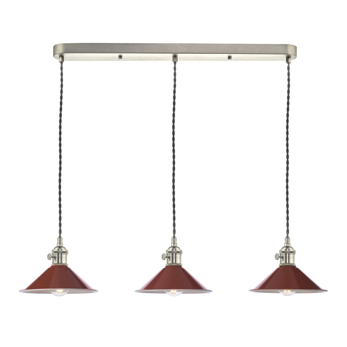 Three red pendant lights with brushed nickel hardware and twisted cords hang from a rectangular ceiling plate. 