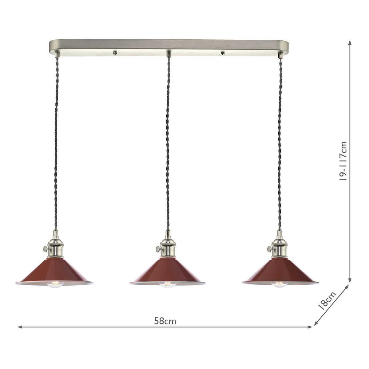 Three pendant lights with red shades and exposed bulbs, hanging from a brushed metal bar. Dimensions included.