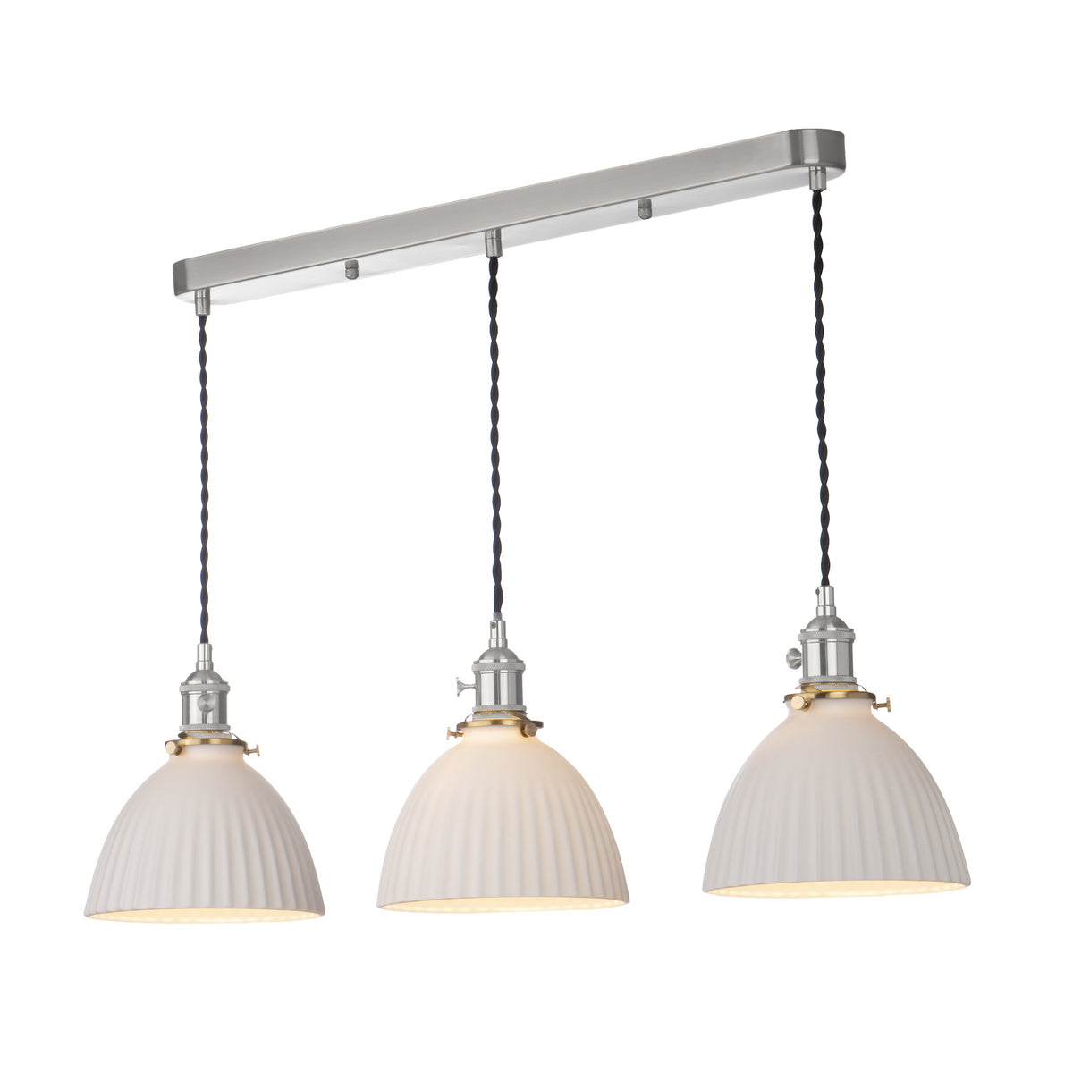 Three white ribbed dome pendant lights hang from a brushed metal bar, with black braided cords.