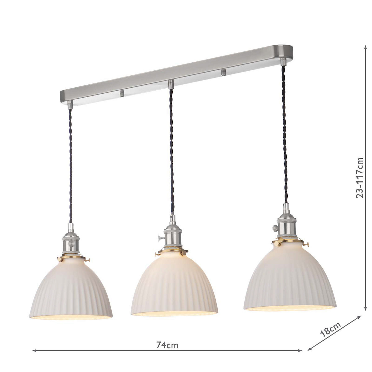 Three white fluted dome pendant lights hang from a brushed steel bar, with dimensions shown.