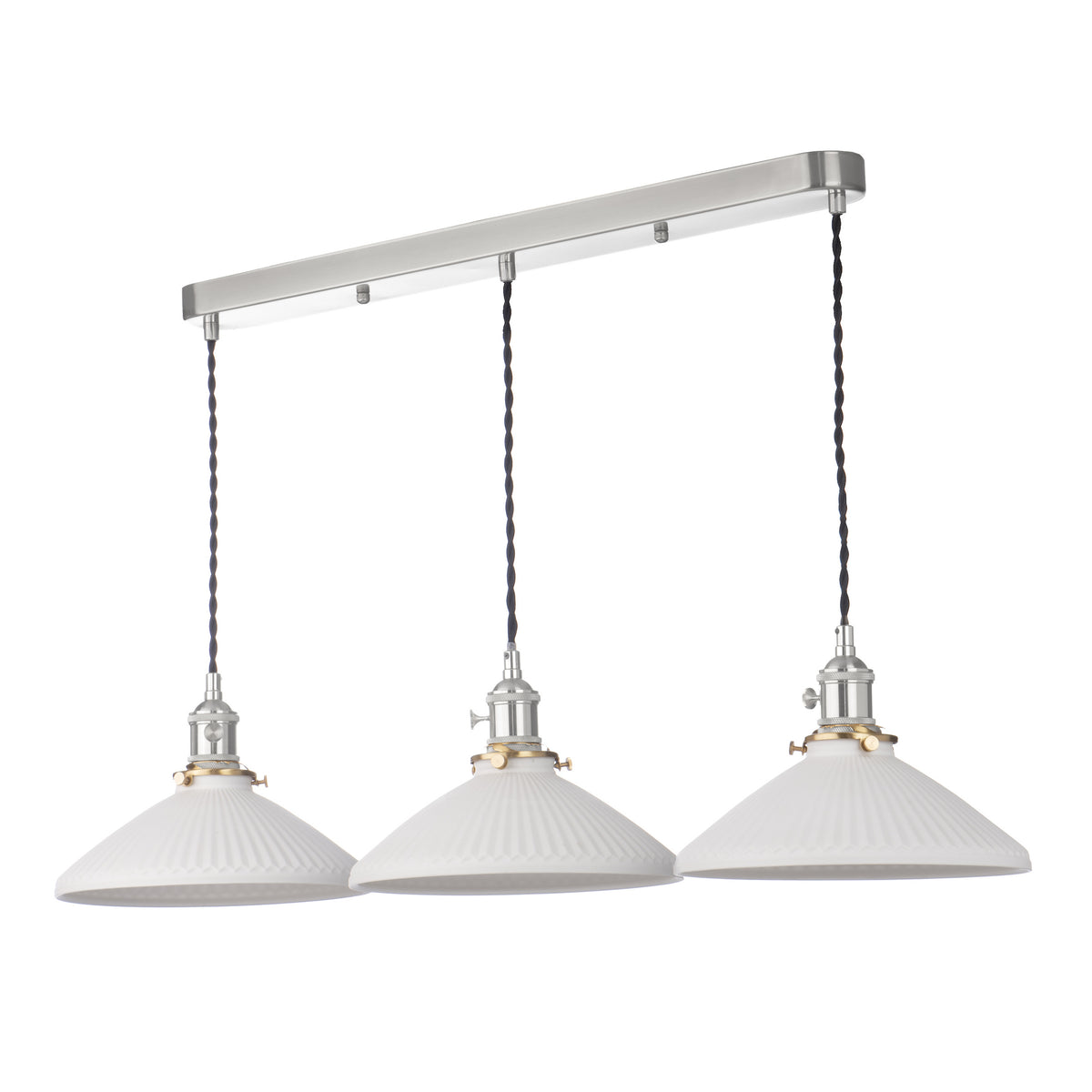 Three white fluted pendant lights hang from a brushed nickel bar. Each light has a black twisted cord.